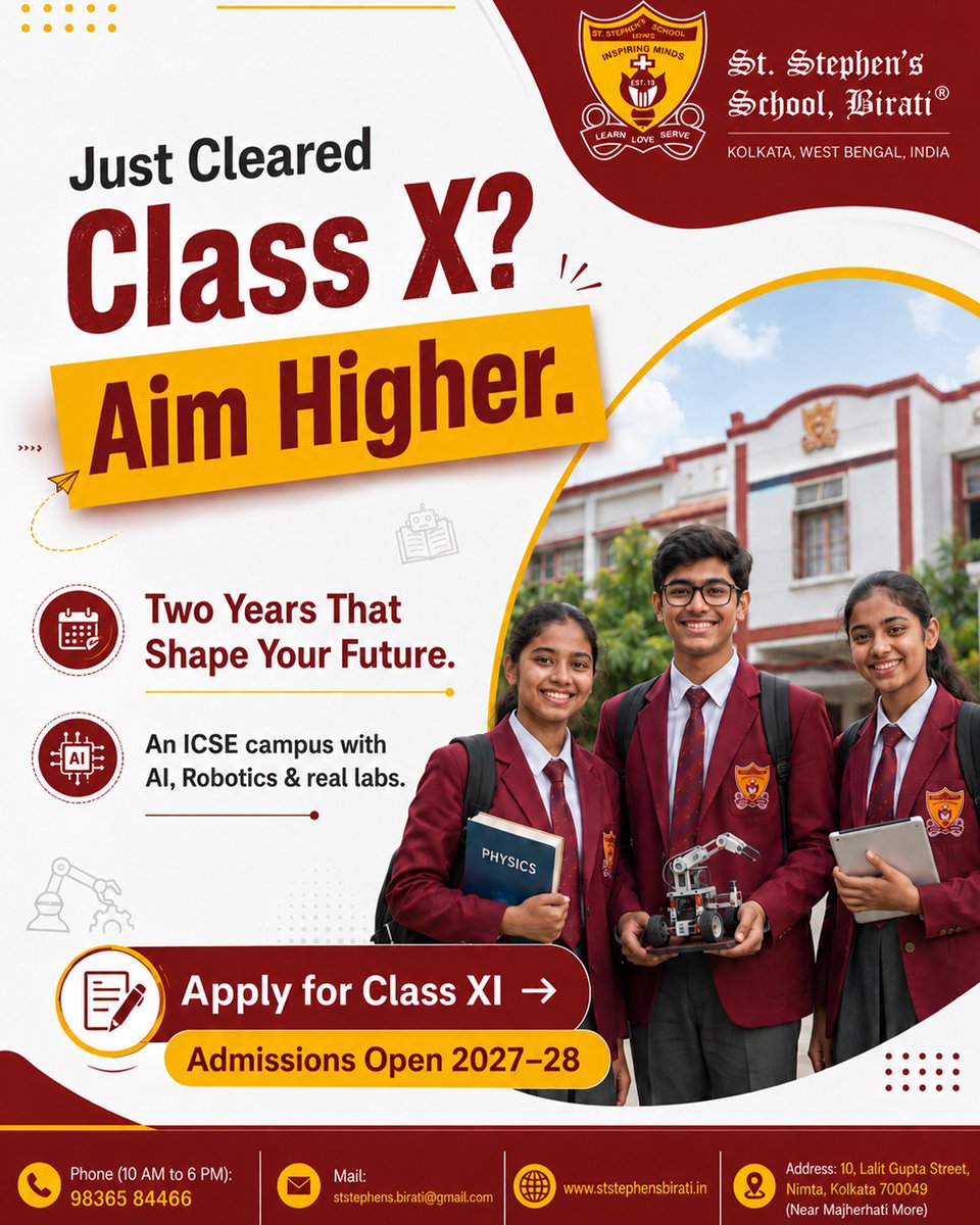 StBirati's tweet photo. Class X is just the beginning. Your child’s next two years can shape the future ahead.
✨ Admissions Open for Class XI 
📚 Two years to learn. Explore. Grow. Prepare for the future.
👉 Give your child the opportunity to Aim Higher!
📞 98365 84466
📍 St. Stephen’s School, Birati https://t.co/NZCwUVaMA3