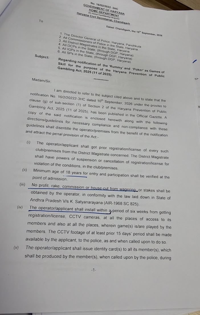 jnsayta's tweet photo. Haryana Home Department has issued guidelines for operating poker &amp; rummy clubs in the state which includes mandatory KYC of members &amp; bar on taking rake or profit from the games by the operator of the club https://t.co/3OuDE0qp91