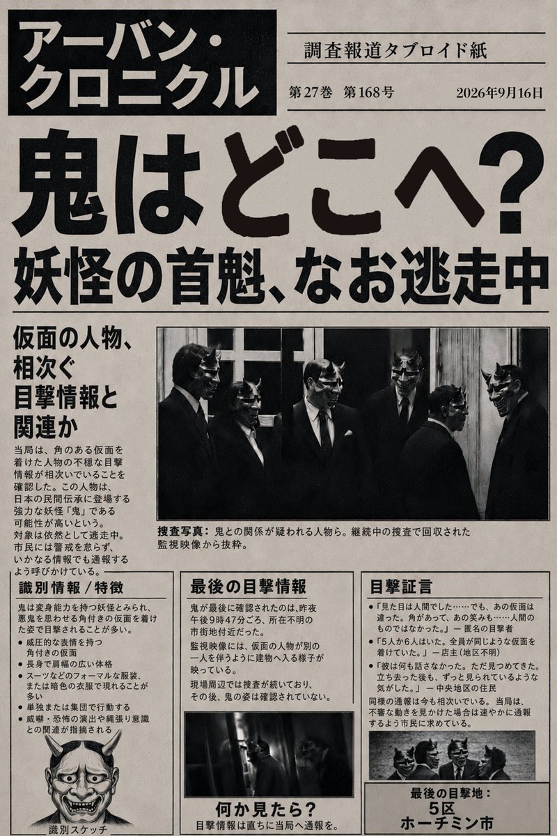 oneoreight__'s tweet photo. 【速報】妖怪の首魁「鬼」、なお逃走中

ホーチミン市内で不審な仮面姿の目撃情報が相次ぐ。
最後の目撃地は5区。

当局は現在も行方を追っています。

#ONEOREIGHT #1OR8
#TRANSLATE 📟
#EN_GÏNE🫀 https://t.co/DIpX8ACyYh