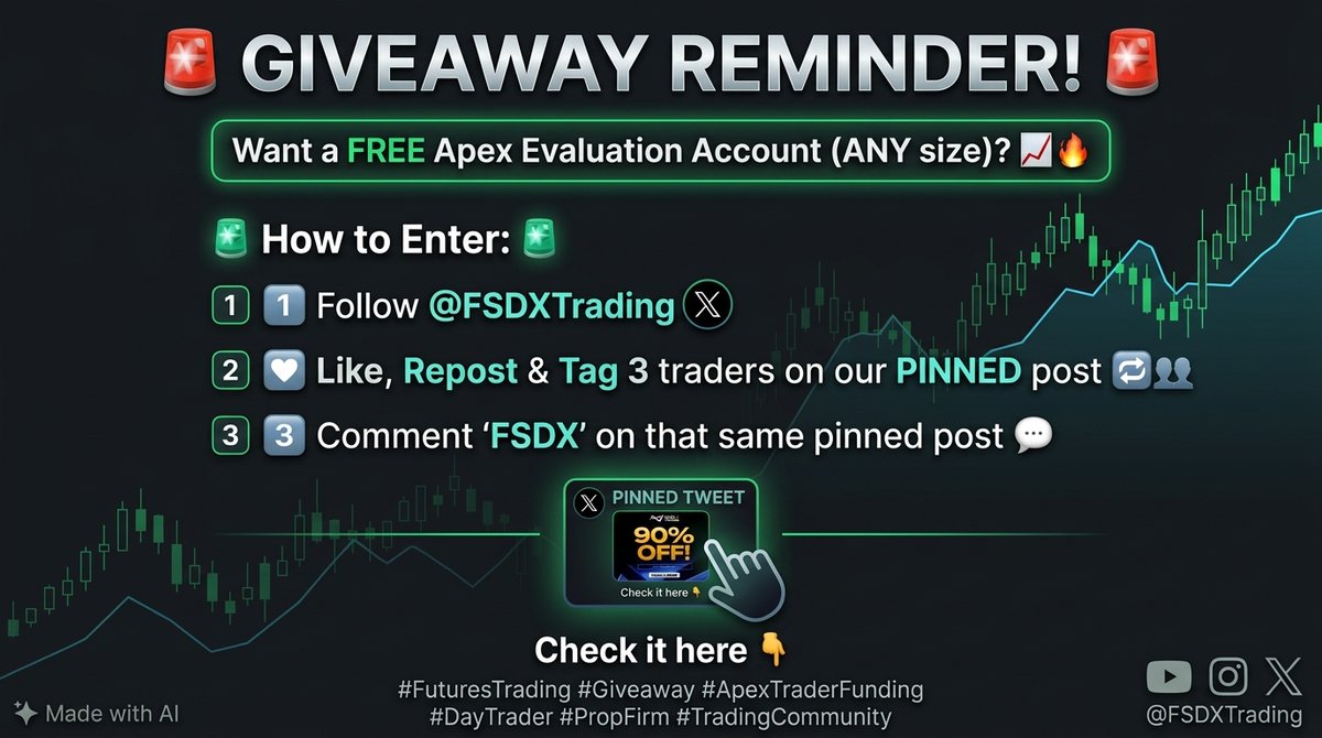 FSDXTrading's tweet photo. 🔥 Still haven't entered?

We’re giving away 4 FREE Apex Eval Accounts (ANY size)! 📈

How to enter on our PINNED post: 
1️⃣ Follow @FSDXTrading 
2️⃣ Like, Repost &amp; Tag 3 traders 
3️⃣ Comment "FSDX"
Enter below 👇
#FuturesTrading #Giveaway #ApexTraderFunding https://t.co/iytkCXtw8r