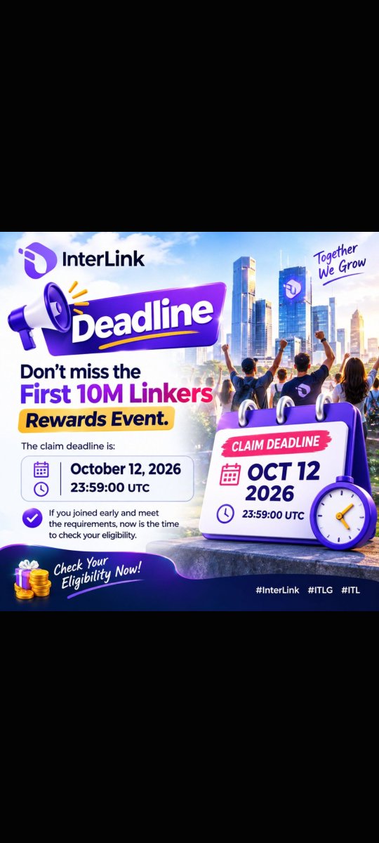 Pulusugopi37's tweet photo. ⏰ Don’t miss the First 10M Linkers Rewards Event.
The claim deadline is:
📅 October 12, 2026
🕚 23:59:00 UTC
If you joined early and meet the requirements, now is the time to check your eligibility.
#InterLink #ITLG #ITL https://t.co/NneX0kbAXq
