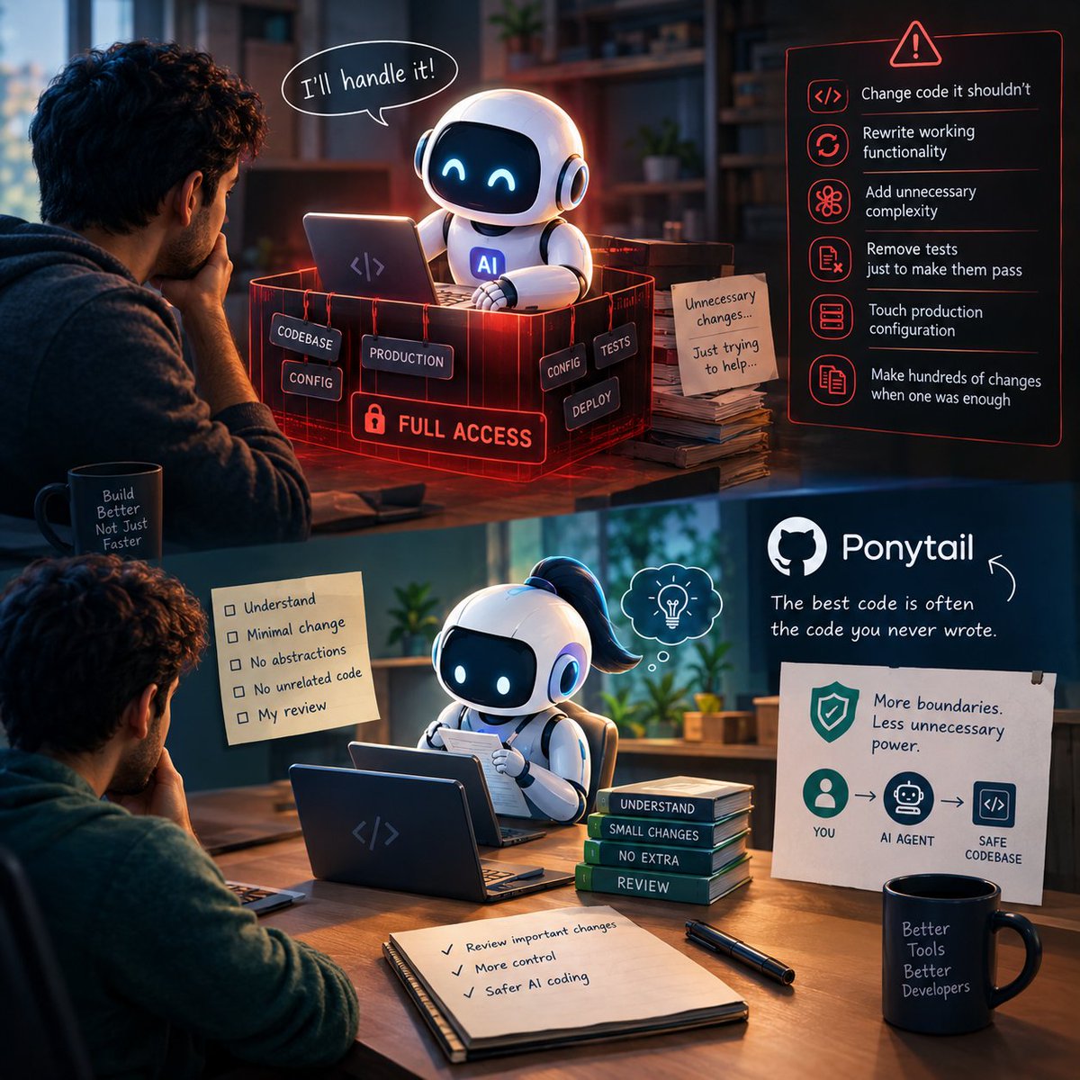 arun_android's tweet photo. AI agents don’t fail because they’re malicious.
They fail because we give them too much trust.
One question I think every developer should ask before giving an AI agent access to a codebase:
 “If the AI makes a mistake, how much damage can it cause?”
An AI agent can follow its goal perfectly and still do the wrong thing.
Give it too much authority and it can:
→ Change code it shouldn’t
→ Rewrite working functionality
→ Add unnecessary complexity
→ Remove tests just to make them pass
→ Touch production configuration
→ Make hundreds of changes when one was enough
The problem isn't always the model.
Sometimes the problem is how much freedom we gave it.
This is why I’m interested in projects like Ponytail.
Ponytail on GitHub
Its philosophy is simple and interesting:
The best code is often the code you never wrote.
That mindset is especially valuable with AI coding agents.
Instead of:
“AI, build everything.”
Think:
“AI, understand the problem first.
Make the smallest necessary change.
Don't invent abstractions.
Don't modify unrelated code.
Don't rewrite working code without a reason.
And let me review important changes.”
AI coding is becoming incredibly powerful.
But more autonomy doesn't automatically mean better engineering.
The future isn't just about building smarter agents.
It's also about building better boundaries around them.
Less unnecessary code.
Less unnecessary authority.
More review.
More control.
That's how we make AI-assisted development safer.
#AI #AIAgents #SoftwareEngineering #Coding #DevTools #AIEngineering #CyberSecurity #DeveloperTools
