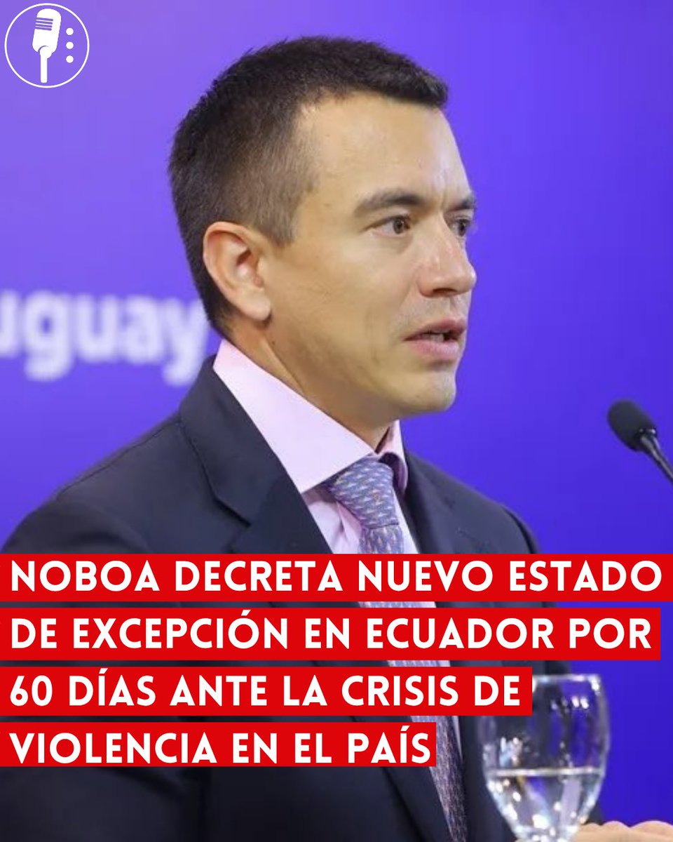 YosoyPedrero's tweet photo. 🚨OJO: NOBOA DECRETA NUEVO ESTADO DE EXCEPCIÓN EN ECUADOR POR 60 DÍAS ANTE LA CRISIS DE VIOLENCIA EN EL PAÍS

El presidente de Ecuador, Daniel Noboa, decretó un nuevo estado de excepción por 60 días en ocho provincias y tres municipios del país, bajo el argumento de enfrentar la situación de violencia atribuida a estructuras del crimen organizado. La medida contempla a El Oro, Esmeraldas, Guayas, Los Ríos, Manabí, Pichincha, Santa Elena y Santo Domingo de los Tsáchilas. 

El decreto también incluye a los municipios de Camilo Ponce Enríquez, Las Naves y La Maná. Entre las disposiciones se encuentra la suspensión de la inviolabilidad del domicilio, lo que permitirá a la Policía y las Fuerzas Armadas realizar allanamientos inmediatos cuando existan indicios de delito. 

Además, el Gobierno ecuatoriano estableció un toque de queda nocturno del 17 al 30 de septiembre en las provincias de Guayas, Manabí, Los Ríos y El Oro. La restricción contempla horarios específicos que también impactarán actividades y servicios nocturnos en las zonas alcanzadas. 

Con esta nueva declaratoria, el gobierno de Noboa vuelve a recurrir a medidas extraordinarias como parte de su estrategia de seguridad frente a la violencia que atraviesa Ecuador. El Ejecutivo sostiene que la situación constituye una “grave conmoción interna” provocada por la actividad de organizaciones criminales.