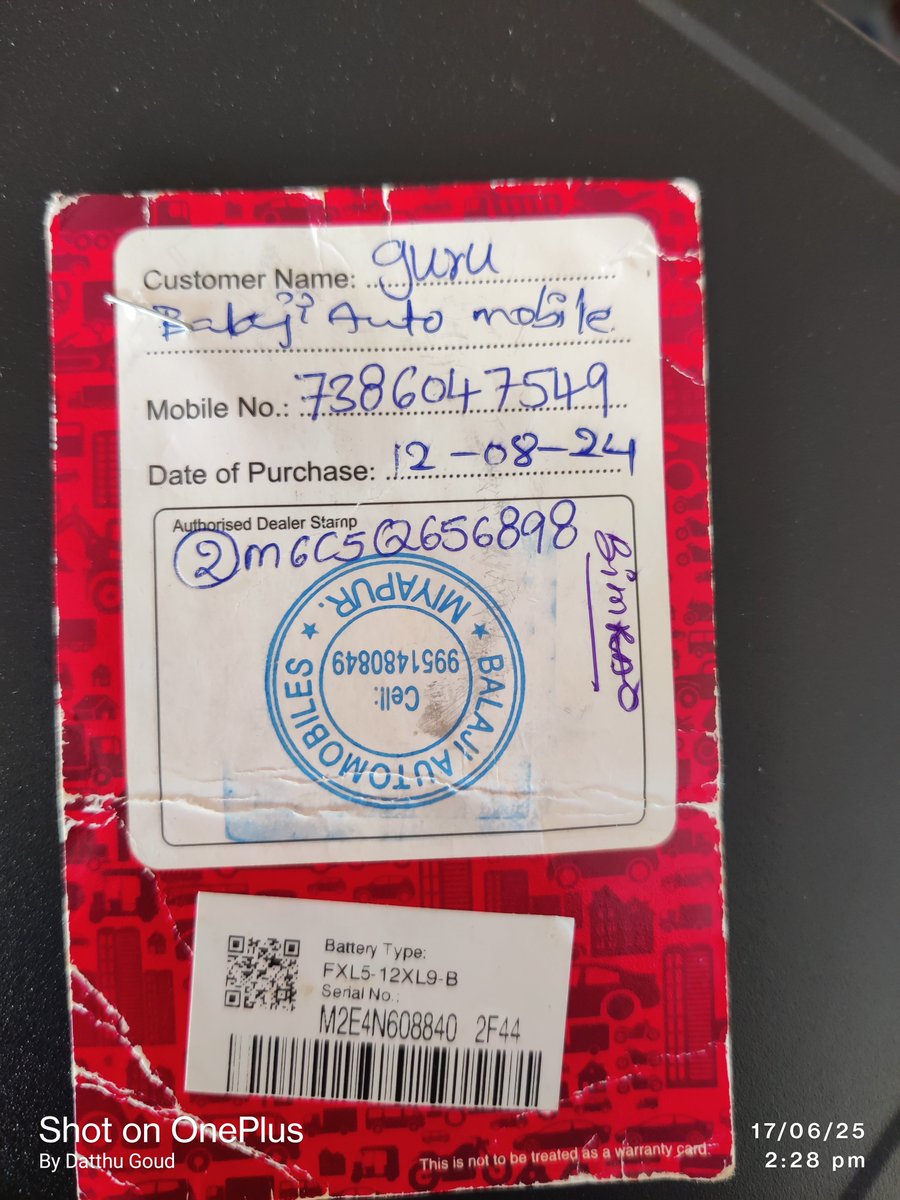Gurudatthu's tweet photo. I purchased an Exide battery on 12 August 2024. After some time, the battery developed a problem, and I was given a replacement battery on 10 June 2025.

Note :- Check below comment for total context 👇👇 https://t.co/7dJnnbpRkS