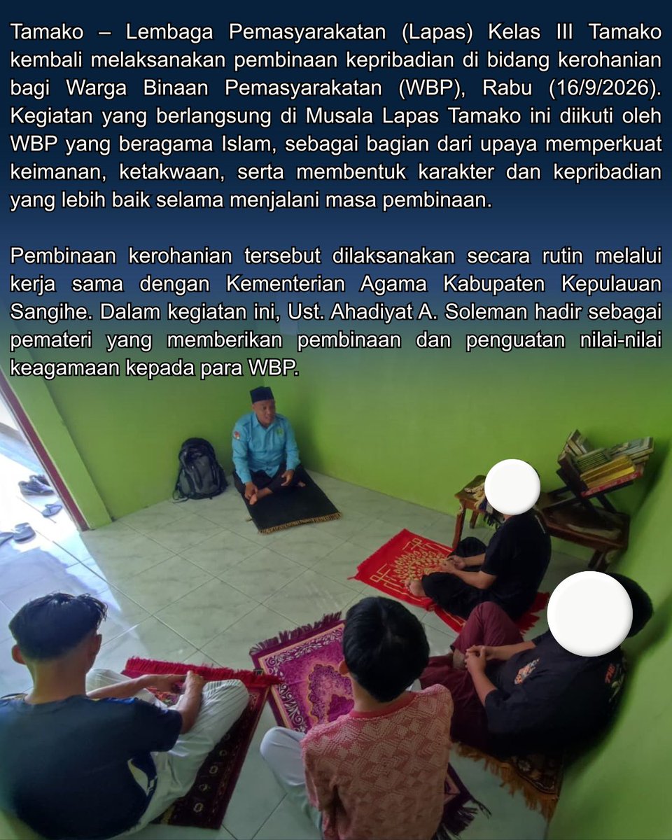 LapasTamako's tweet photo. Tingkatkan Keimanan dan Ketakwaan, Lapas Tamako Gelar Pembinaan Kerohanian bagi WBP. https://t.co/og6MF1YoAF