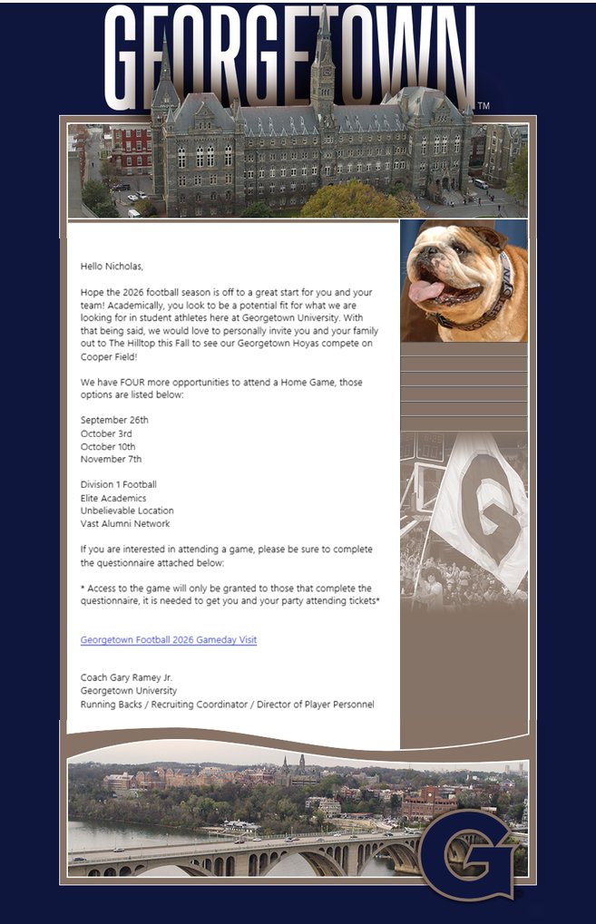 Nicho2028's tweet photo. Thank you @CoachRamey_ for the @HoyasFB personal Game Day Invite to visit The Hilltop and watch the Georgetown Hoyas compete on Cooper Field!

@CoachMartinESA @Watson_718 @ValdamarTBrower @CDenson99 @JuiceWa45 @Csf9393Ferrara  @jackcaseysr  @CentralFB413 @ESAofMass  @ESAofNewEngland  @ScoutingNE @One11Recruiting  @sixstarfootball  @NE6FB_Recruits