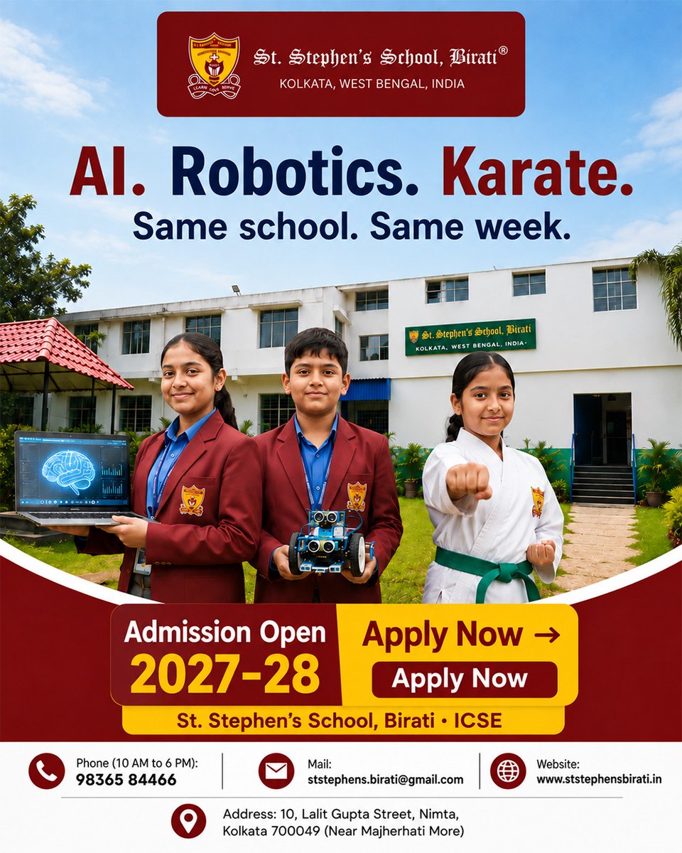 StBirati's tweet photo. One school. Endless opportunities. 🌟
From AI &amp; Robotics to Karate, give your child the opportunity to learn, grow and excel.
🎓 Admissions Open 2027–28
📍 St. Stephen’s School, Birati | ICSE
📞 98365 84466
Apply Now!
#StStephensSchool #Birati #ICSE #SchoolAdmission #Admissions https://t.co/jzrW888DmI