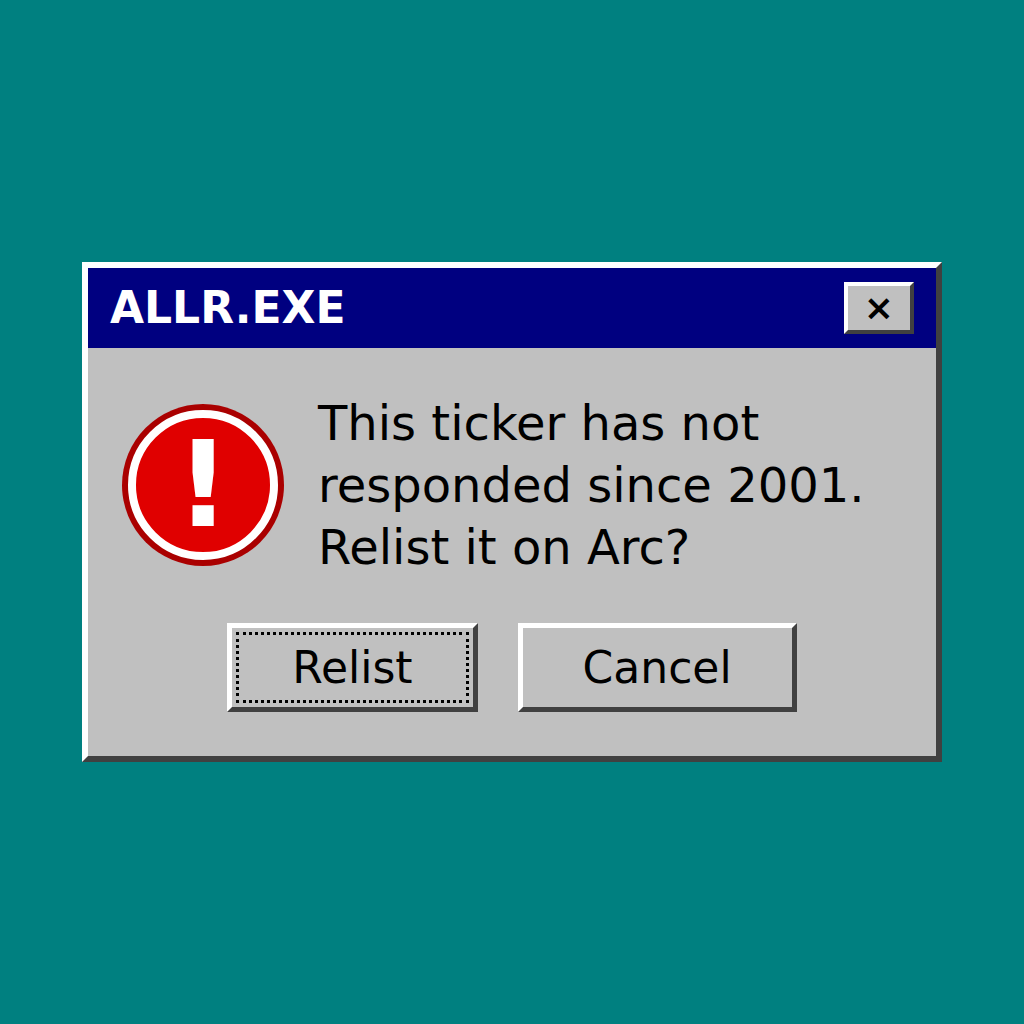 allrfun's tweet photo. 1999: $ALLR goes public.
2001: the ticker disappears.
2026: someone relists it on Arc.

The timeline was too good not to use.

https://t.co/kUB1a8TyeG https://t.co/8GZJyzHLdw