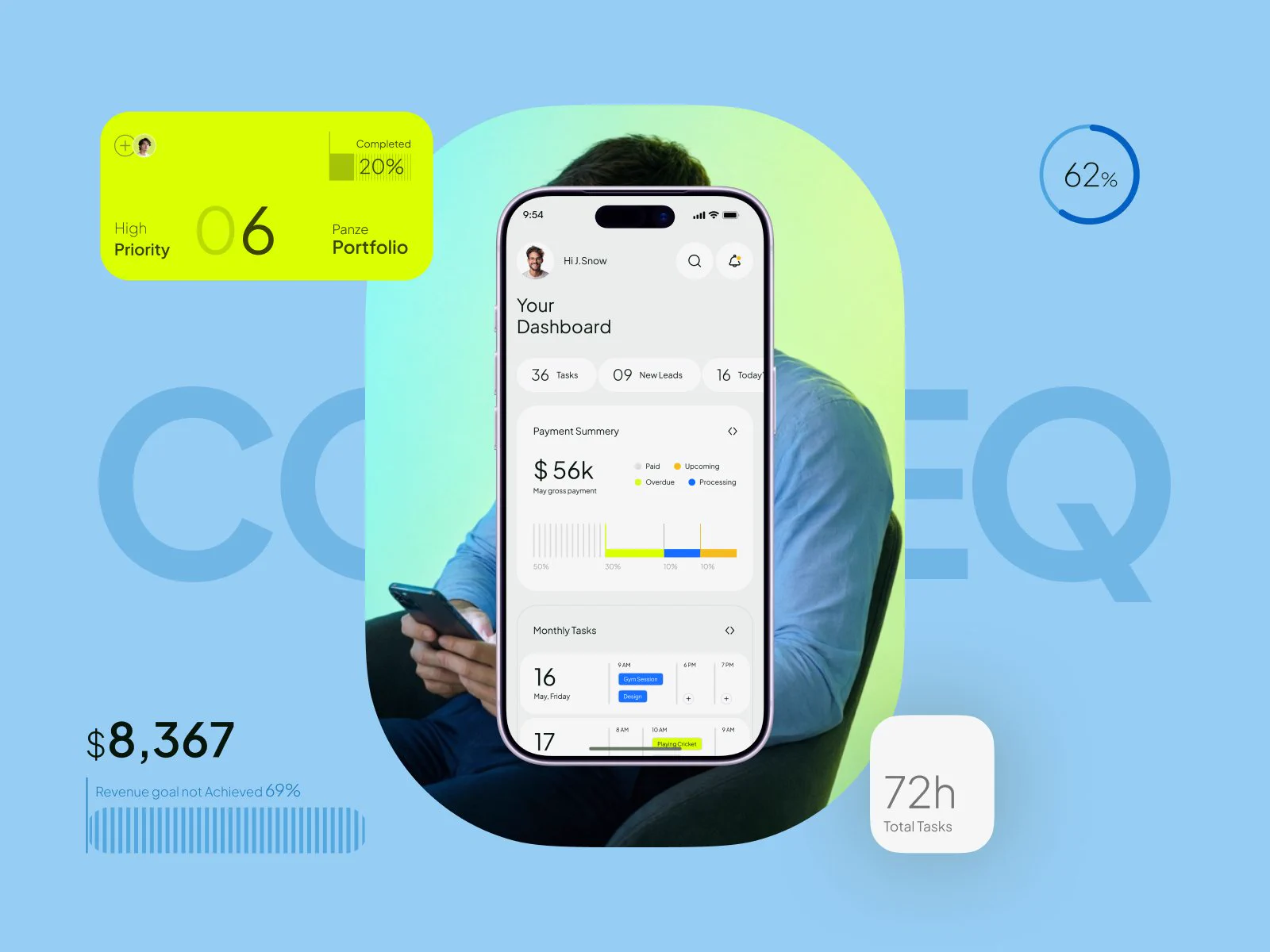 CRM 모바일 대시보드 — 결제 요약 막대와 플로팅 통계 카드