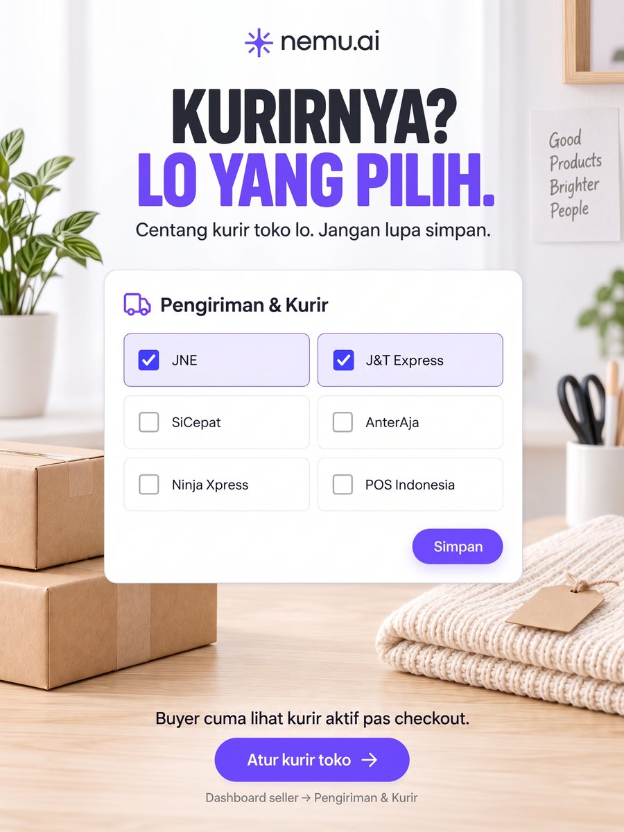 NEMU__AI's tweet photo. Buyer udah mau checkout, kurirnya jangan malah mode ghaib 😭

Daftar jadi Official Seller NEMU lewat link di bio

Atur pilihan kurir di Dashboard Seller lewat menu Pengiriman &amp; Kurir, lalu klik Simpan. Buyer cuma melihat kurir yang aktif saat checkout.

#NEMU #SellerIndonesia https://t.co/9hWllywXbu