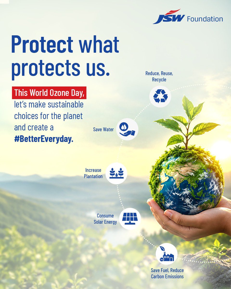 JSWFoundation's tweet photo. The ozone layer protects life on Earth, and protecting it is a responsibility we all share. 

At JSW Foundation, we continue to champion sustainable practices and conscious choices that contribute to a healthier planet. 

This World Ozone Day, let’s choose better today for a #BetterEveryday.

#JSWFoundation