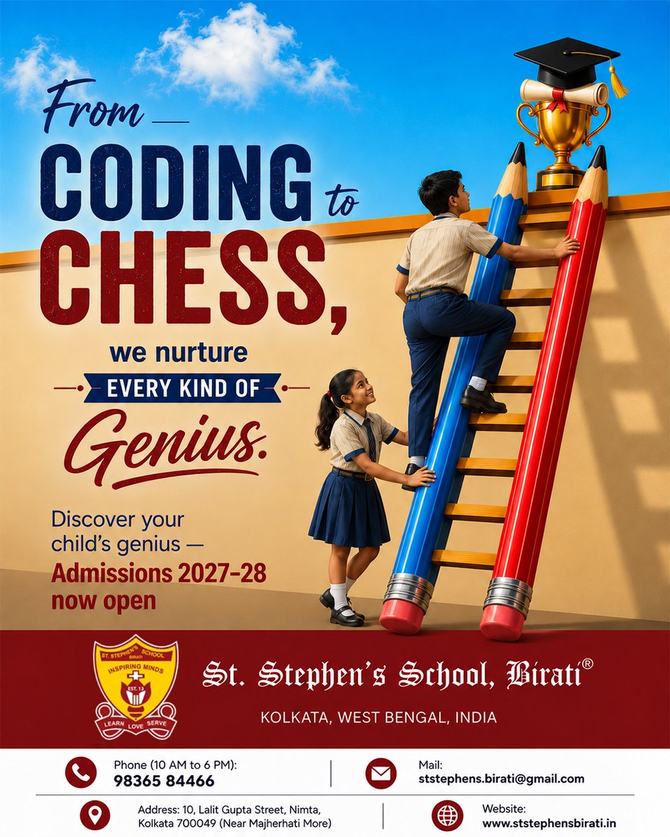 StBirati's tweet photo. Every child has a unique genius. 🌟

From Coding to Chess, we nurture every kind of talent and help children discover their potential.

🎓 Admissions Open 2027–28
📍 St. Stephen’s School, Birati
📞 98365 84466

Let your child’s genius shine!

#StStephensSchool #Birati https://t.co/ayIt44Jfvf
