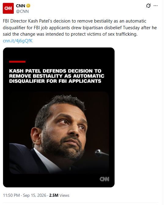 LykosAspros's tweet photo. Ο Αμερικανός Διευθυντής του FBI, με καταγωγή απο Ινδία και Ουγκάντα, αφαίρεσε την κτηνοβασία σαν αυτόματη απόρριψη για υποψηφίους του FBI.
Ίσως του το ζήτησε η Ισραηλινή φιλενάδα του. https://t.co/FRKEpw91JS