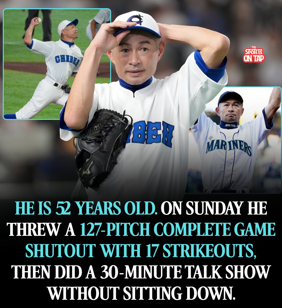 thesportsontap's tweet photo. Ichiro Suzuki is 52 years old.

He last played in the Majors in 2019. He's already in the Hall of Fame. He has nothing left to prove to anyone on a baseball field.

On Sunday at the Tokyo Dome, he threw a complete game shutout.

127 pitches. 17 strikeouts. Zero runs.

Here's what the game is. Every year, Ichiro hosts an All-Star game against the best high school girls baseball players in Japan. It was created to grow women's baseball in a country where girls have had almost no path in the sport, and it's become one of the biggest showcases they get. Ichiro doesn't show up for an inning and wave. He pitches the whole thing, at full effort, because he believes treating them like real competition is the entire point.

And he was better this year than last.

In 2024 he threw a 116-pitch shutout with nine strikeouts. This year, two years older, he threw eleven more pitches and struck out eight more batters.

One Japanese fan summed it up perfectly online: what's most monstrous isn't the strikeouts, it's that after 127 pitches his velocity and command never dropped off.

Then he walked off the mound, sweat still on him, and did a 30-minute talk show, cracking jokes the whole time.

This is the same guy who, last month, hit eight home runs in the Mariners Alumni Home Run Derby. At 51.

Afterward, he explained why he keeps doing it.

"I wanted to see what my current limits were, and this gave me confidence in myself."

Ichiro collected 4,367 professional hits between Japan and the Majors. He's one of the greatest hitters who ever lived. And somehow, at 52, the more interesting story is what he can still do with his arm.

The man simply refuses to be done.

For more stories like this, follow us on any platform @thesportsontap