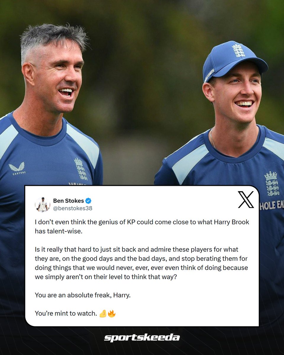 Sportskeeda's tweet photo. Benjamin Stokes compares Harry Brookโs talent to Kevin Pietersen! ๐
After Brookโs brilliant knock against Sri Lanka, Stokes said he doesnโt think even the โgeniusโ of his mentor Kevin Pietersen could come close to Brookโs talent. ๐คฏ๐ฅ
#HarryBrook #BenjaminStokes #KevinPietersen #Sportskeeda