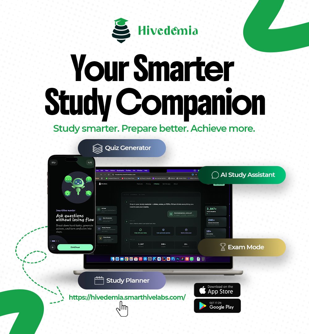 SmartHiveLabs's tweet photo. 📚 MEET HIVEDEMIA, YOUR SMARTER STUDY COMPANION

At Hivedemia, we’re making studying smarter, easier, and more engaging for students.

Study smarter. Prepare better. Achieve more

📲 Download Hivedemia today and take your studies to the next level.

🌐 https://t.co/QzZMCgwBnm https://t.co/kEc5QwwdOm