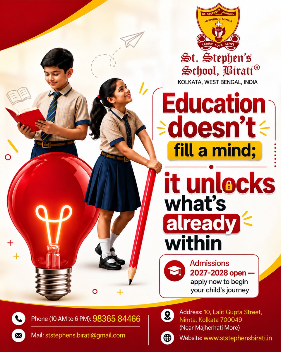StBirati's tweet photo. Education doesn’t just fill a mind; it unlocks what’s already within. ✨

Give your child the right environment to discover their potential, curiosity and confidence.

🎓 Admissions Open 2027–28
📍 St. Stephen’s School, Birati
📞 98365 84466

Begin your child’s journey today. https://t.co/XWVz0qZ6YE