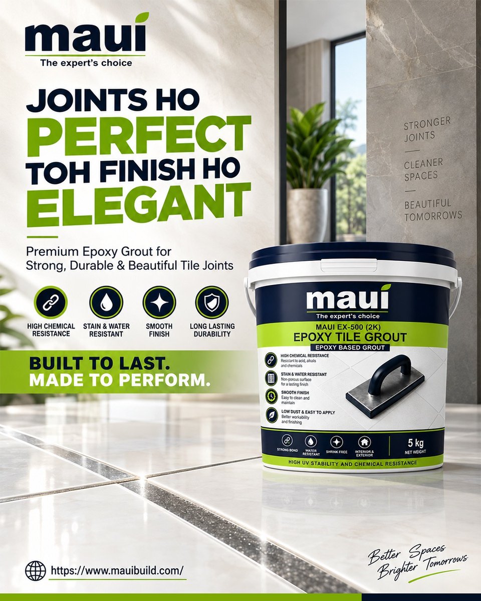 Mauibuild's tweet photo. Give your tile joints the performance they deserve with Maui EX-500 (2K) Epoxy Tile Grout. Designed for strong, durable, and elegant tile joints.

🌐https://t.co/0F6NlFQbU1

#MauiBuild #EpoxyGrout #TileGrout #EpoxyTileGrout #TileInstallation #TileFinishing #ConstructionSolutions https://t.co/xyVVEoMFV5