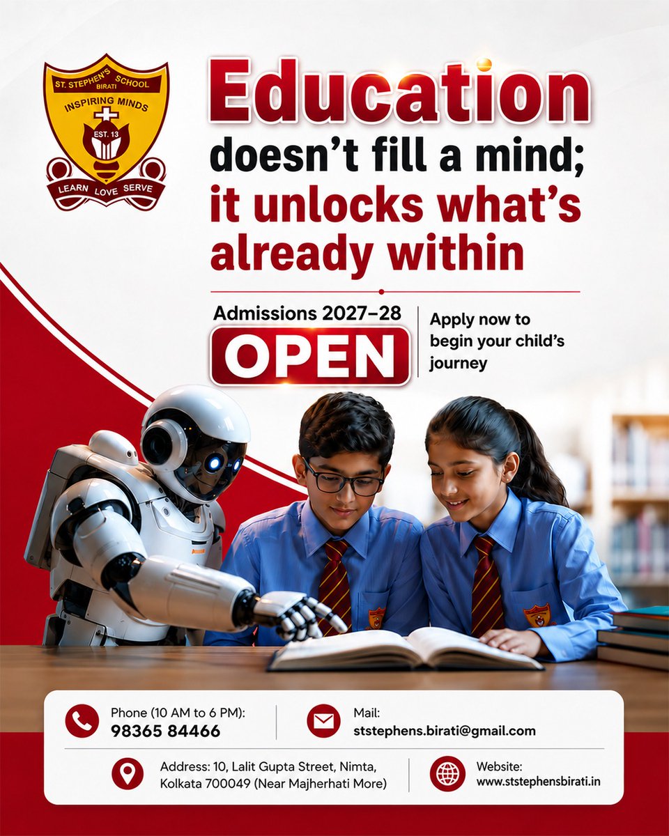 StBirati's tweet photo. Education doesn’t just fill a mind; it unlocks what’s already within. ✨
Give your child an environment where learning meets innovation—with opportunities to explore technology, creativity and new ideas.

🎓 Admissions Open 2027–28
📍 St. Stephen’s School, Birati
📞 98365 84466 https://t.co/0aUFSHDjYj