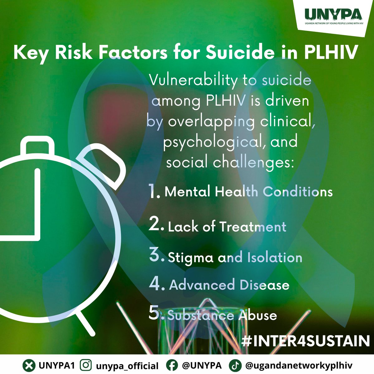 UNYPA1's tweet photo. Suicide risk among PLHIV can be shaped by mental health challenges, gaps in treatment, stigma, isolation, advanced illness and substance use.
Prevention means compassionate care, connection and support without stigma.
No one should face HIV alone.
#INTERASUSTAIN https://t.co/cfOSbbcoSq
