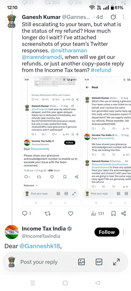 Ganneshk18's tweet photo. @FinMinIndia @nsitharamanoffc @DFS_India @NPCI_NPCI @DDNewslive @airnewsalerts @PIB_India @MIB_India @CBC_MIB @IncomeTaxIndia @nsitharaman @PMOIndia @narendramodi Still escalating the issue??
Middle-class salaried employees drained by tax.
Why deduct first… why not immediate refunds??#incometax #refund #modigovt #tax https://t.co/lVcXLgj2mt