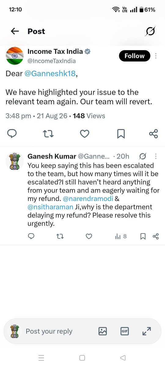 Ganneshk18's tweet photo. @FinMinIndia @nsitharamanoffc @DFS_India @NPCI_NPCI @DDNewslive @airnewsalerts @PIB_India @MIB_India @CBC_MIB @IncomeTaxIndia @nsitharaman @PMOIndia @narendramodi Still escalating the issue??
Middle-class salaried employees drained by tax.
Why deduct first… why not immediate refunds??#incometax #refund #modigovt #tax https://t.co/lVcXLgj2mt