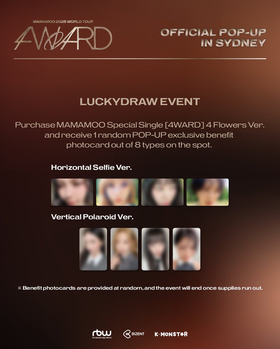 KPOPMERCH_POPUP's tweet photo. MAMAMOO 2026 WORLD TOUR [4WARD]
OFFICIAL POP-UP in SYDNEY

LUCKY DRAW EVENT

📅 DATES
26.09.19 (SAT) ~ 26.09.27 (SUN)

⏰HOURS 
Mon–Wed, Fri–Sat 9:30 – 19:00 (AEST)
Thu 9:30 – 21:00 (AEST)
Sun 10:00 – 19:00 (AEST)

📍 LOCATION
K103 Level 1 Westfield Sydney

Please check the event banner for details. ⭐

The organizer reserves the right to modify, terminate, and interpret the details of the POP-UP STORE event.

#MAMAMOO #4WARD
#MAMAMOO2026 
#MAMAMOO_2026_WORLD_TOUR