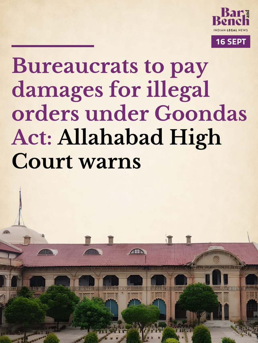 barandbench's tweet photo. Bureaucrats to pay damages for illegal orders under Goondas Act: Allahabad High Court warns

Read here: https://t.co/Tm5kEyGMOb https://t.co/WrQ9AfzOBp