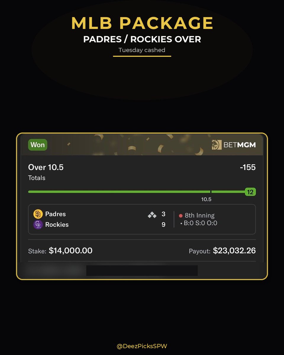 DeezPicksSPW's tweet photo. Tuesday MLB PACKAGE hit. Padres Rockies over got loud at Coors. Inbox open for the ones who move. @DeezPicksSPW https://t.co/tDJJcnvEyD