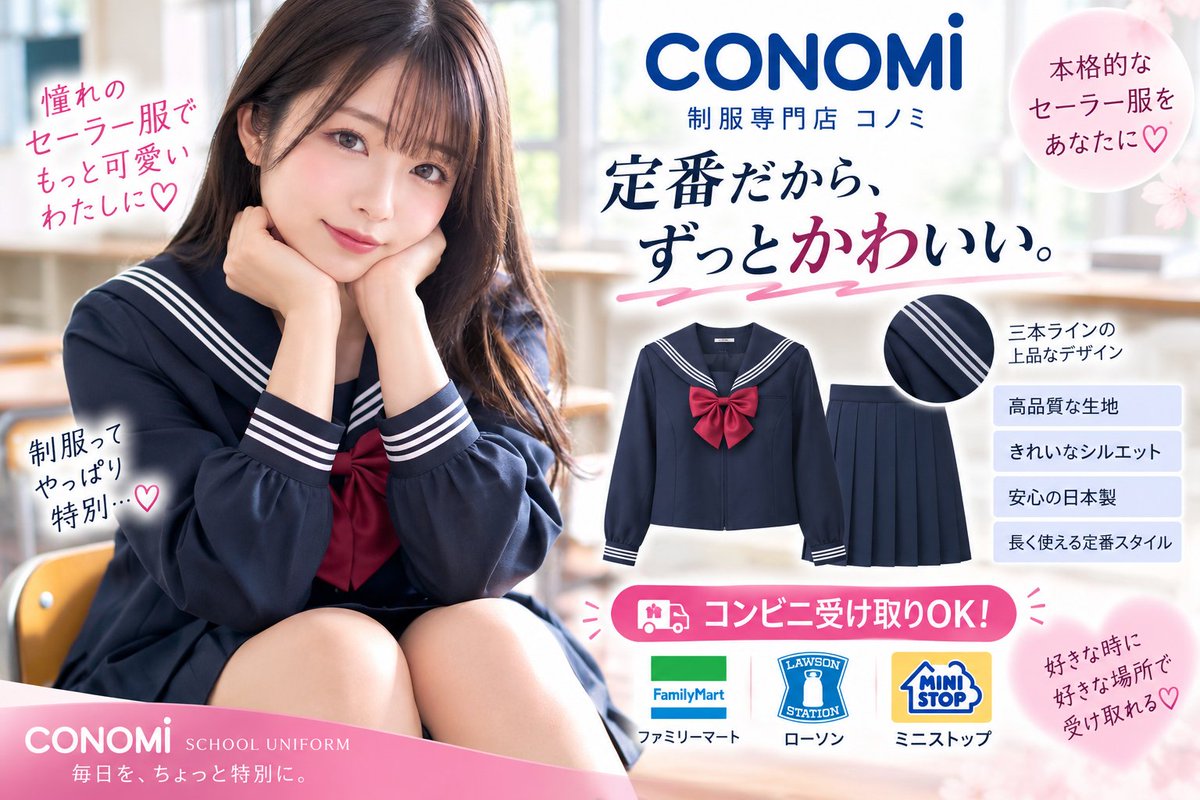 seiko_josou's tweet photo. セーラー服に憧れている女装さんへ🎀

制服専門店CONOMiの本格セーラー服✨

ネイビー×三本ラインの王道デザインが可愛い♡

🏪楽天ならコンビニ受取OK
ファミマ・ローソン・ミニストップ対応

自宅で受け取りにくい方にも😊 https://t.co/dwrDyVLJ8M