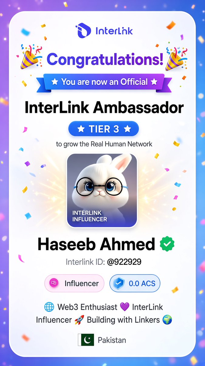 haseeb9229's tweet photo. 🎉 A New Milestone with InterLink! 🌐
I’m excited to share that I’m now an Official InterLink Ambassador — Tier 3! 
The journey continues _ Verify. Participate. Contribute. Grow.

Joining link 🔗
https://t.co/qlUWgIANUw

Referral code : 922929
#InterLink #ITLG #ITL #Web3 https://t.co/Vd7dE7Hy7l