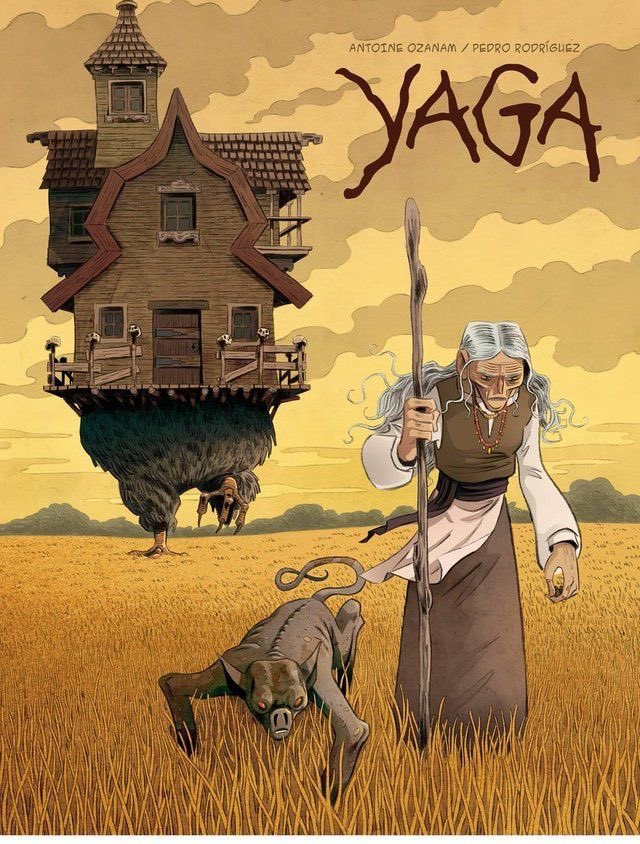pmamtraveller's tweet photo. cover art for the graphic novel ‘Yaga’ by Antoine Ozanam and Pedro Rodríguez, depicting a Slavic witch with her hut on giant chicken legs https://t.co/mBHb6hJg1p