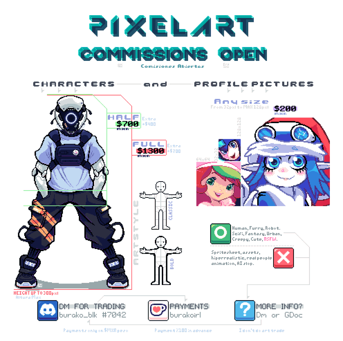 BLK_Core's tweet photo. Just posting my request table again🤷‍♂️
All $ is in Mexican Peso btw. You can do a full payment or a half, but everything in advance via KoFi. 
Sfw and spicy. Any fictional character, no limits in wich one, for more niche/taboo stuff please ask.
Thx for read :9
#pixelart #ドット絵 https://t.co/tNz5jPp5S9