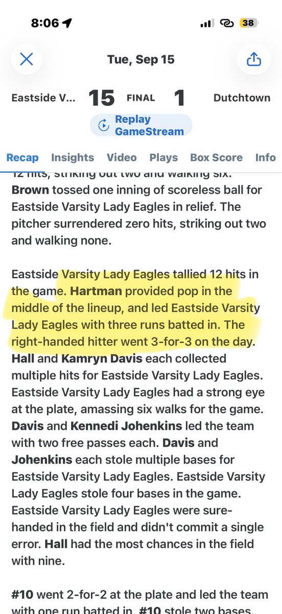 AlyssaHartman28's tweet photo. We played Dutchtown tonight and came away with a 15-1 win! I led the team in hits, going 3-for-3 with a single and two doubles! Unfortunately, there’s no video from tonight, but I’m proud of how I competed at the plate. I also got one opportunity in the field at third base and got the out! We’re back at it tomorrow for a big game against Morgan County at 6! Let’s work🦅🦅

@impactcaymol 

@GarrettSkelton5 @hollystew27 @UNGSoftball @UGACoachTony 
@AppStateSB @SamfordSB @CoachSims_JSU @JulieBoland5  @impactcaymol @JaxStateSB @AlabamaSB @clemsonsoftball @rittmanjohn @DaisyHess22 @spatte1108 @BaylorSoftball @CoachBradF @GoMocsSB @CharlotteSB @cbreault12 @JakeCombs_ @alyssa_bilodeau @Syd_finch @UACoachMurphy @MercerUSoftball @BC_Softball @CoachMalveaux @KateMalveaux @rykerzc @sarahcespedes1 @logancalhoun22 @e_newellcoach @ElizabethH_99_ @MackPuck01 @UACoachMurphy @lmcmahon7 
@coachgnickel @CoachKrysiak  @bshipman44 @softballeagles @j12ray