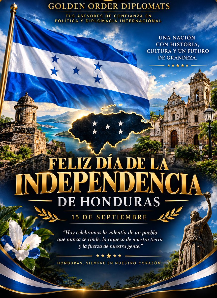 GoldenDiplomats's tweet photo. 🇭🇳✨ Honduras hoy, 15 de septiembre, celebramos nuestra bandera, nuestras cinco estrellas, nuestra historia, nuestra tierra y, sobre todo, a la gente que cada día deja una huella en este país.

 ¡Feliz Día de la Independencia! 🇭🇳💙🤍 https://t.co/VSnCJykyLs