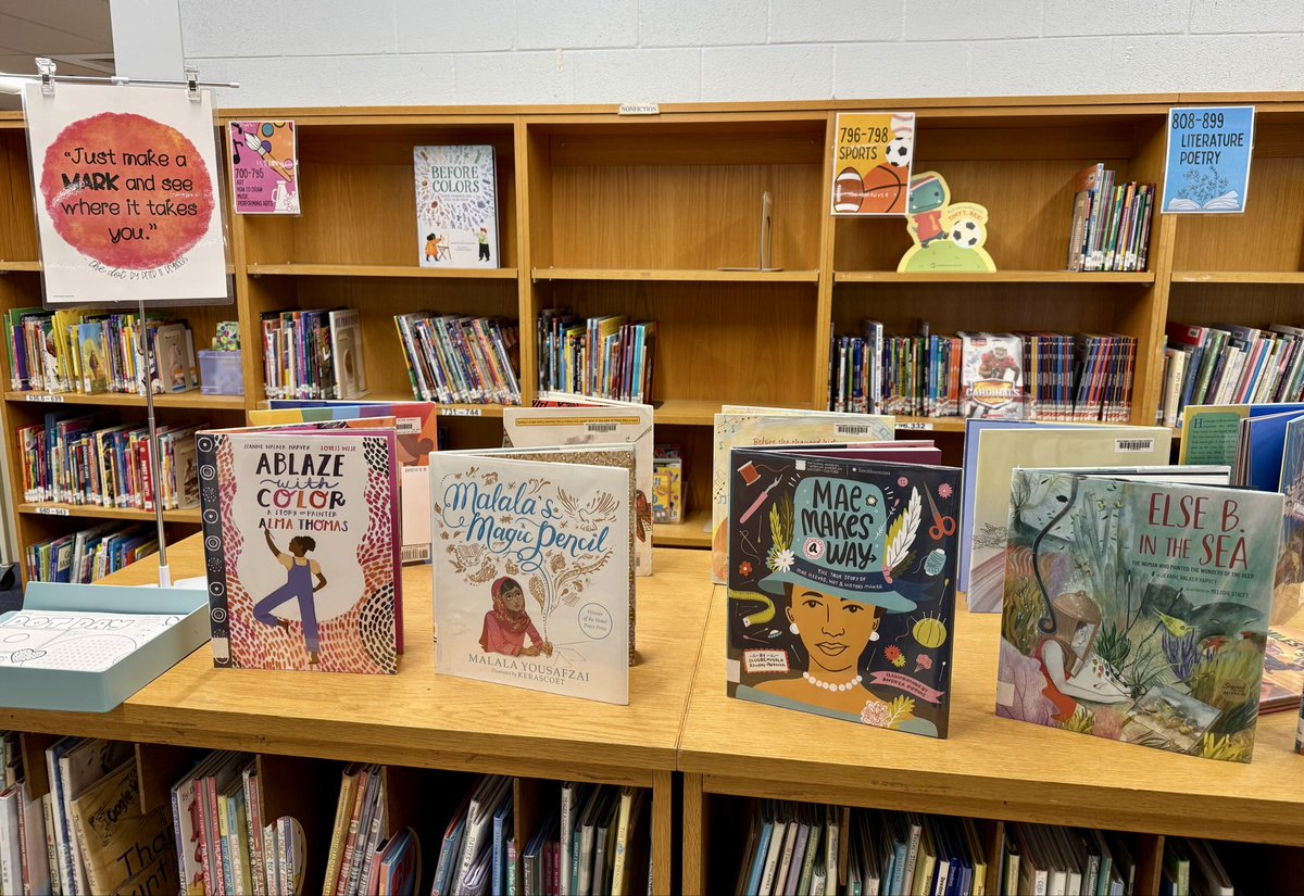LoriTecler's tweet photo. Celebrating Dot Day in the library with a display featuring people who used creativity to make their mark. #SchoolLibrary #kidlit https://t.co/BFFWfcL6lU