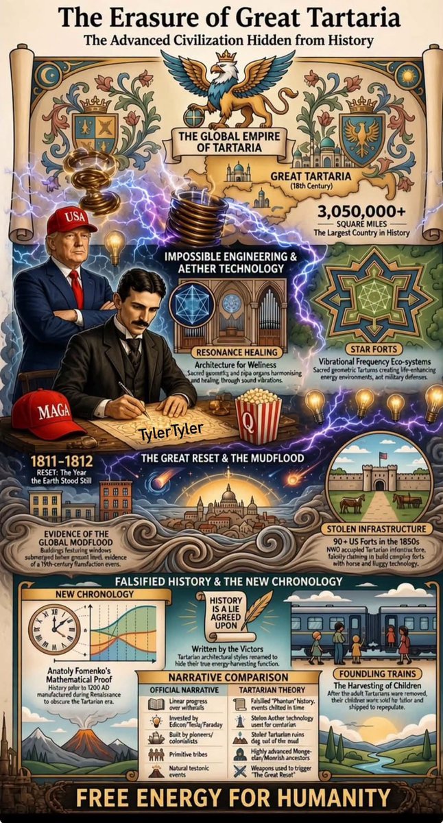 PaulGoldEagle's tweet photo. HISTORY.. isn’t just about what’s included
it’s about what’s been LEFT OUT.. ⏰✨🏛️

“And Tartaria is perhaps the greatest omission of all.

Once featured on maps, in encyclopedias, and historical records across the world,
Tartaria or “Tartary” was a vast civilization stretched from Eastern Europe across Russia, into Mongolia, China, and possibly beyond. But today, it’s been scrubbed clean from mainstream history, dismissed as a myth, a mistake, or a “cartographic error.”
But ask yourself: Why would such an expansive empire suddenly vanish? Who benefits from rewriting the past?

The Tartaria’s hidden agenda:

1. Maintain the Colonial Narrative

Modern history promotes the idea that Western powers “civilized” the world. The existence of a global, advanced civilization in Eurasia before Western colonization completely disrupts that storyline. Acknowledging Tartaria would mean admitting that Western powers destroyed something that was already highly sophisticated both culturally and technologically.

2. Tartarian Technology Was Too Advanced

From free energy towers and massive bells to cymatic healing and harmonic buildings, the Old World’s technology seems to have been based on sound, frequency, and sacred geometry. If this knowledge were rediscovered, it would undermine modern energy monopolies and expose the limitations of today’s science.

3. Erase Evidence of a Unified Global Culture

Ancient cities across the world - India to Mexico, Russia to Australia show similar architecture, symbols, and sacred designs. The idea that these were independent developments is pushed hard. But Tartaria suggests a different possibility: a single, interconnected global civilization.

4. Star Forts and Cities Don’t Fit the Timeline

Star forts geometrically perfect, astronomically aligned, and globally distributed exist in places where no “military need” for them is recorded. These structures hint at pre-flood or pre-reset knowledge of energy grids, not simple defensive forts. Their existence raises serious questions about who built them, when, and why.

5. Hide the Mud Flood Catastrophe

Many believe that around the 1800s, a global catastrophe possibly involving liquefaction or energy weaponry buried entire cities under mud. Buildings with visible “subfloors,” half-buried entrances, and missing construction records support this. Acknowledging this would mean accepting a recent reset far more devastating than we’ve been told.

6. Suppress Ancient Knowledge of Free Energy

Domes, antennas, copper wiring, and spires on old buildings weren’t just decorative. They may have collected ambient etheric energy, similar to Tesla’s theories. But if energy could be free, entire industries would collapse.

7. Religious Power Was at Stake

Tartarian cathedrals and buildings are often aligned to the heavens, structured with sacred geometry, and filled with symbols not exclusive to any one religion. The Vatican and other dominant religious institutions may have had every reason to suppress a culture that unified science and spirit outside of dogma.

8. To Control the Human Origin Story

Accepting Tartaria would force a rewrite of human history, suggesting advanced pre-reset civilizations existed long after the last supposed “Stone Age.” That destroys the Darwinian, linear model of human evolution and calls into question everything about our origins

9. Would Expose the Orphan Train Agenda

The “Empty Cities” phenomenon, seen after the reset, was followed by the forced movement of orphans across America, Europe, and Australia. These children, often nameless and without family, were used to repopulate areas emptied by the disaster. Who raised them? What were they told? And whose cities were they really living in?

10. To Keep You Disconnected From Your Power

In the end, hiding Tartaria isn’t just about covering up buildings or empires — it’s about erasing your connection to a more powerful, more harmonious past - architecture healed, energy flowed freely, and people lived in balance with the Earth.

Conclusion:

Tartaria wasn’t just a place. It was a paradigm one where architecture, energy, and spirituality merged. Where cities vibrated with harmonic resonance. Where history flowed differently.
The silence surrounding Tartaria isn’t accidental. It’s strategic.

And that silence is breaking…”

Source - various

H/T Tyler Tyler