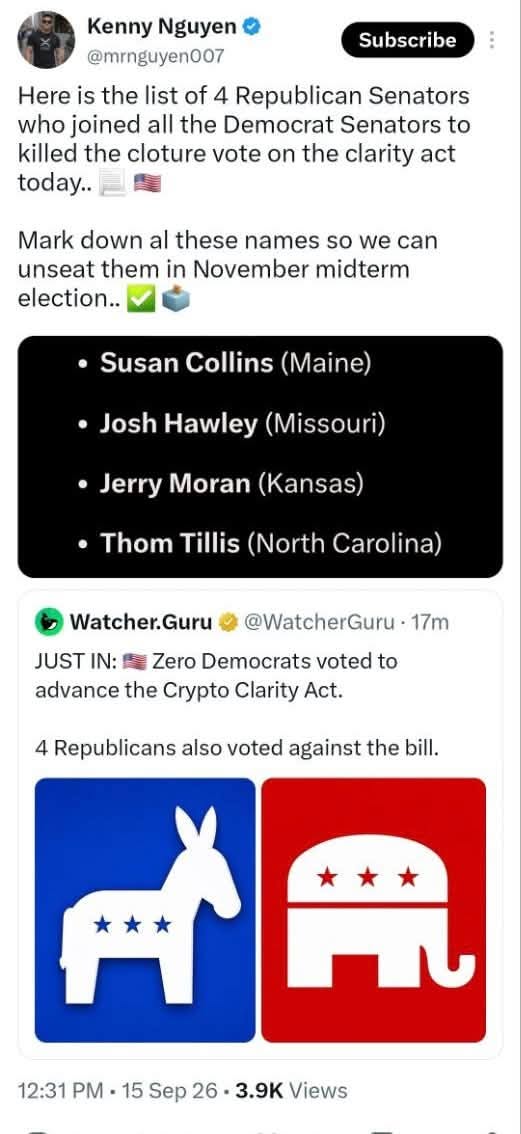 PaulGoldEagle's tweet photo. And the show continues…nothing but a way to delay delay delay! 🙄 Whiplash has always said we don’t need the Clarity Act. Probably because Trump signed 2 Executive Orders on crypto a few months ago with similar verbiage to the CA, as a work around (5D chess ♟️ move). How did he know “they” would never pass it? 😉 Oh he knows! 💯

H/T Lisa Jaco