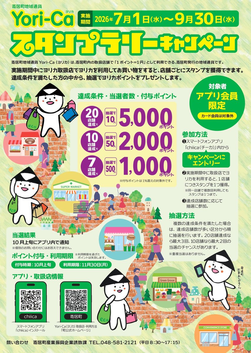 yorii_official's tweet photo. 産業振興企業誘致課です。寄居町地域通貨Yori-Caでは「スタンプラリーキャンペーン」を9月30日まで実施中！終了まであとわずかです。7店舗達成で抽選500人に1,000ポイントをプレゼント！今からでも間に合います！ヨリカを使って町内のお店を巡ってみませんか？詳しくは町公式ホームページをご覧ください。
https://t.co/oVzirfftlx
#寄居町 #地域通貨 #スタンプラリー