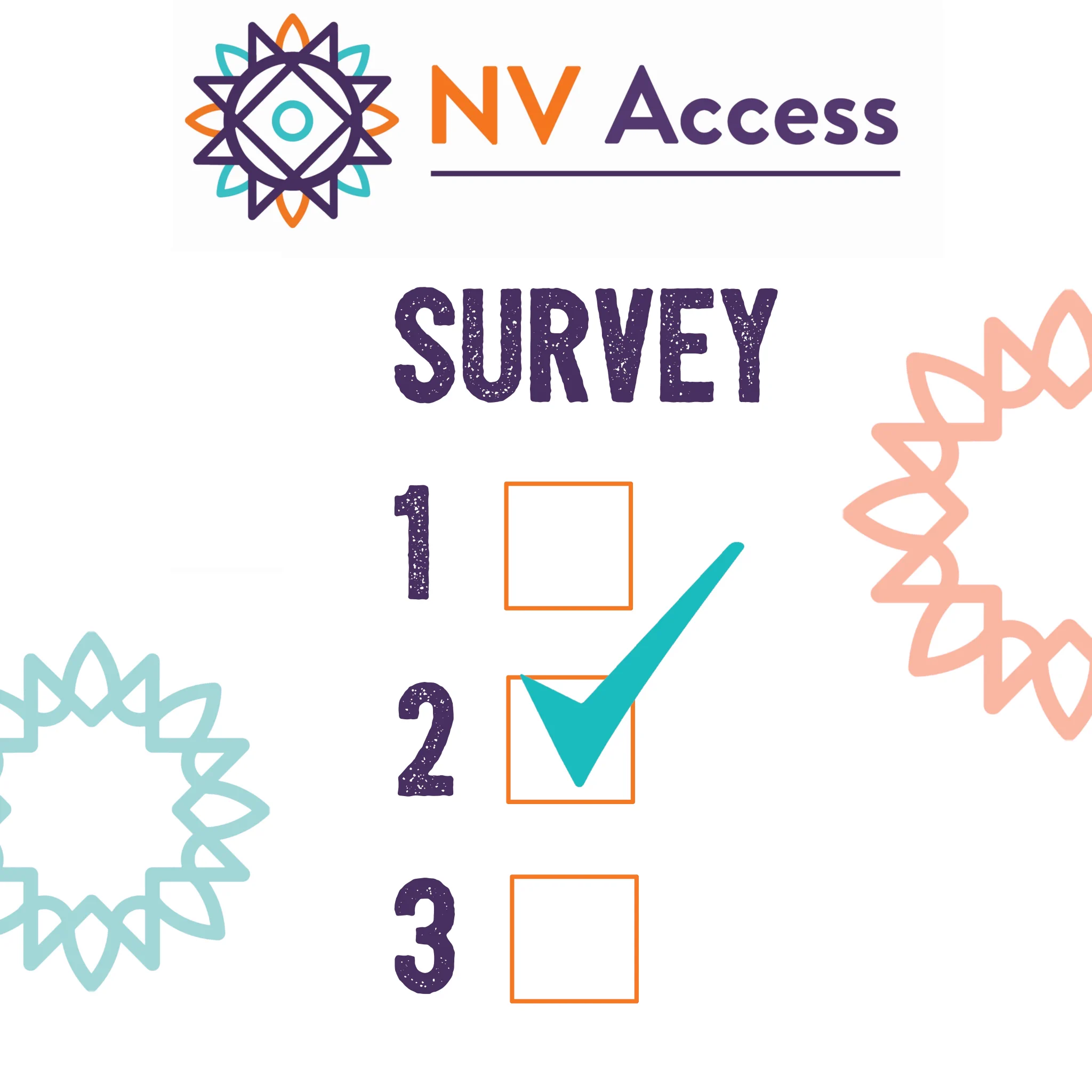 Stylized survey image with NV Access logo on top.  Then the word "SURVEY" above checkboxes numbered 1 -3 with a big tick in the second box.  Sunburst images in orange and turquoise on sides