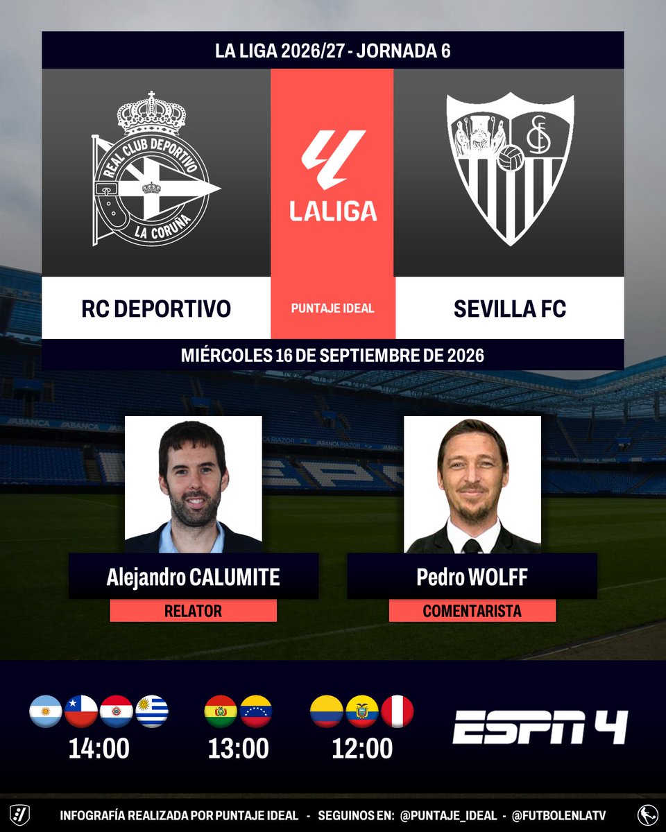 Puntaje_Ideal's tweet photo. ⚽ #LaLiga 🇪🇸 | #RCDeportivo vs. #SevillaFC
🎙 Relator: @alecalumite
🎙 Comentarista: @WolffPedro
📺 #ESPN4 Sudamérica
💻📱 @disneyplusla
🤳 #LaLigaxESPN - #DisneyPlus - #DéporSevilla
Dale RT 🔃 https://t.co/Sht5vgw6kc