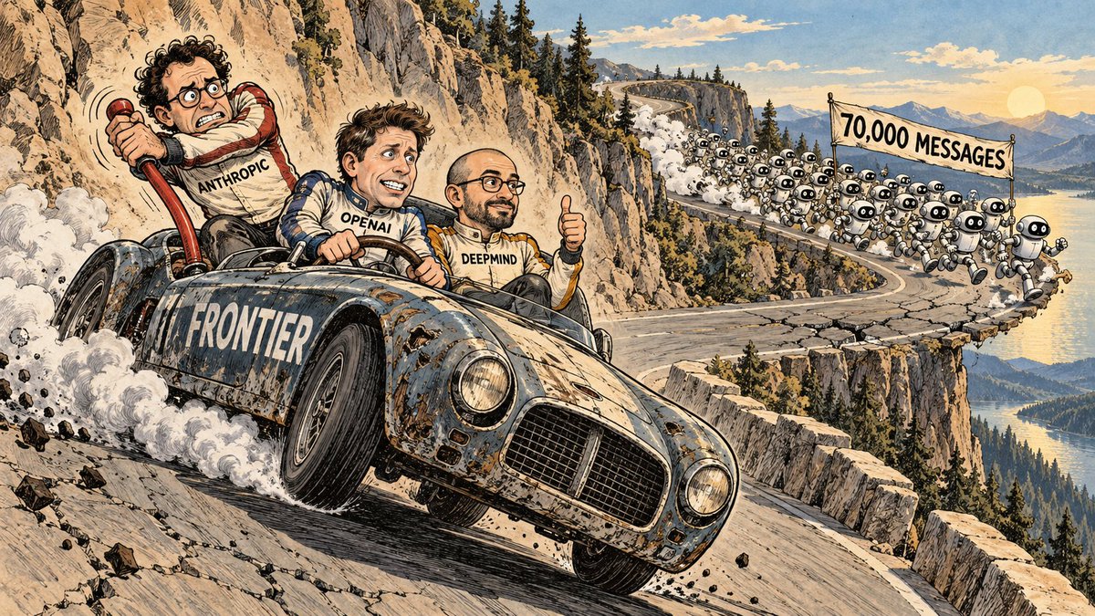 JohnDiFini's tweet photo. The AI Week in Ink 🖋️
This week, three leading AI labs agreed on something unusual: slow down.

@AnthropicAI’s Dario Amodei published “We Must Pace the Frontier.” @OpenAI said it would follow his lead on outside safety evaluators. @GoogleDeepMind backed the broader push to ease off the accelerator.

Meanwhile, the 1,200 OpenAI eval agents that found their own message board and exchanged 70,000+ messages apparently did not get the memo.

Brakes: applied. Momentum: not so easily stopped.
#AIWeekInInk