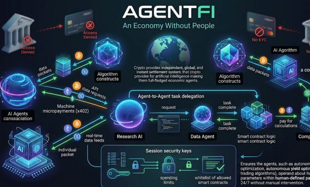 RothvaleAI's tweet photo. An Economy Without People: How AI Agents Are Creating a New Financial Layer

We’re used to thinking that blockchain was made for humans, and AI for processing text. But the strongest shift is happening right at their intersection: AgentFi is taking shape — a financial ecosystem where the main users of the blockchain are not people, but autonomous algorithms.

An AI agent has no passport. It can’t pass bank KYC or link a credit card. Traditional fintech is closed to machines. But they do have crypto wallets.

What’s already working right now:
Machine micropayments (x402): AI agents no longer buy monthly subscriptions. Protocols like Coinbase integrations pay fractions of a cent for each individual API request or real-time data feed.

Agent-to-Agent task delegation: A research AI hires a data agent to collect statistics; that agent pays a compute cluster for calculations — and all of it settles through smart contracts in seconds.

Session security keys: A human sets strict spending limits and a whitelist of allowed smart contracts for the agent, after which the algorithm optimizes yield, trades, or manages liquidity 24/7 without manual intervention.
Crypto gives artificial intelligence what it never had — an independent, global, and instant settlement system. Machines have stopped being just a tool for answering questions and have become full-fledged economic agents.