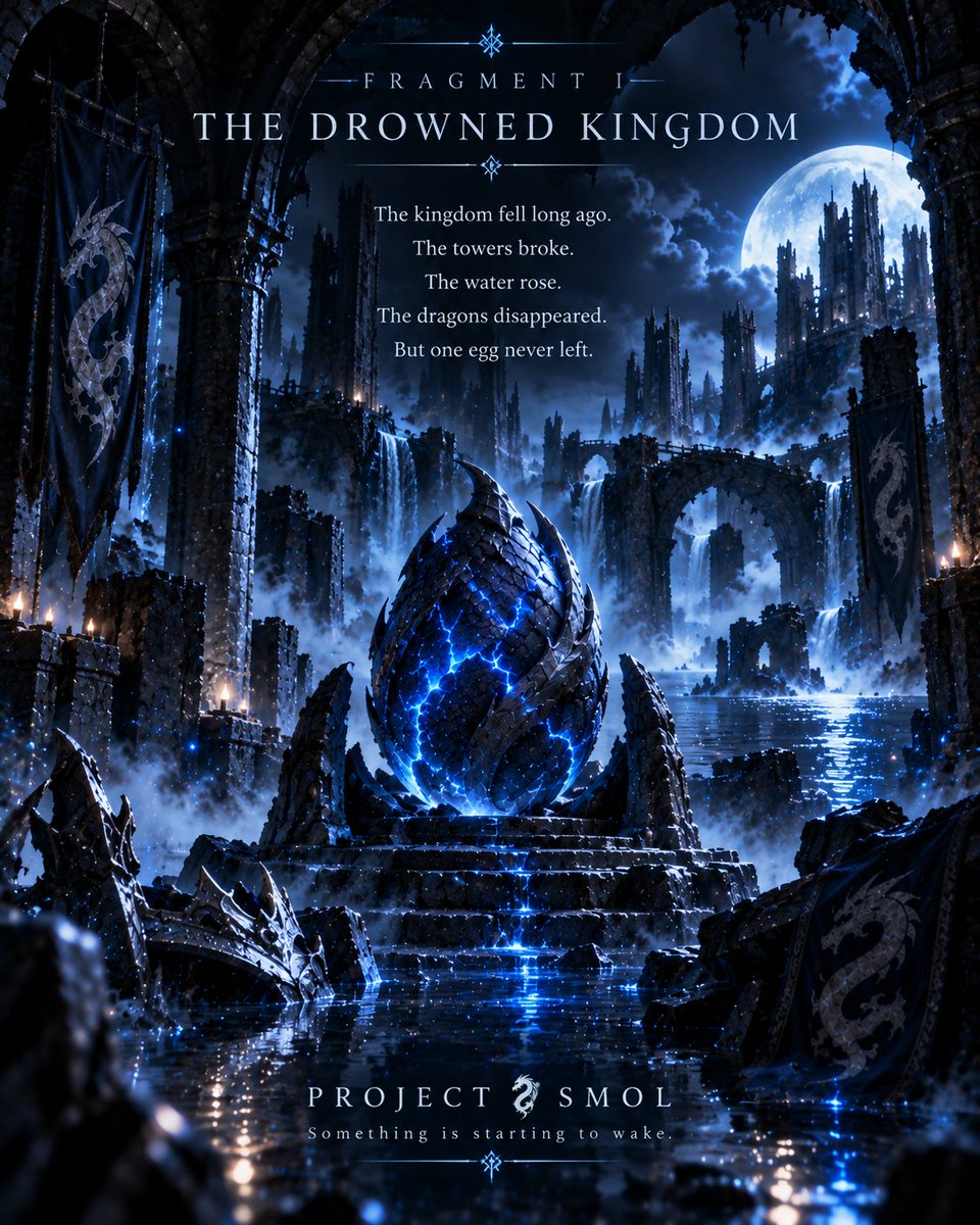ProjectSmolDen's tweet photo. FRAGMENT I — THE DROWNED KINGDOM
The kingdom fell long ago.
The towers broke.
The water rose.
The dragons disappeared.
But one egg never left.
It waited.
And now… something is starting to wake. 🥚⚡
Project Smol
Small beginnings. Bigger destinies.
#ProjectSmol #Lore #Solana #Memecoin