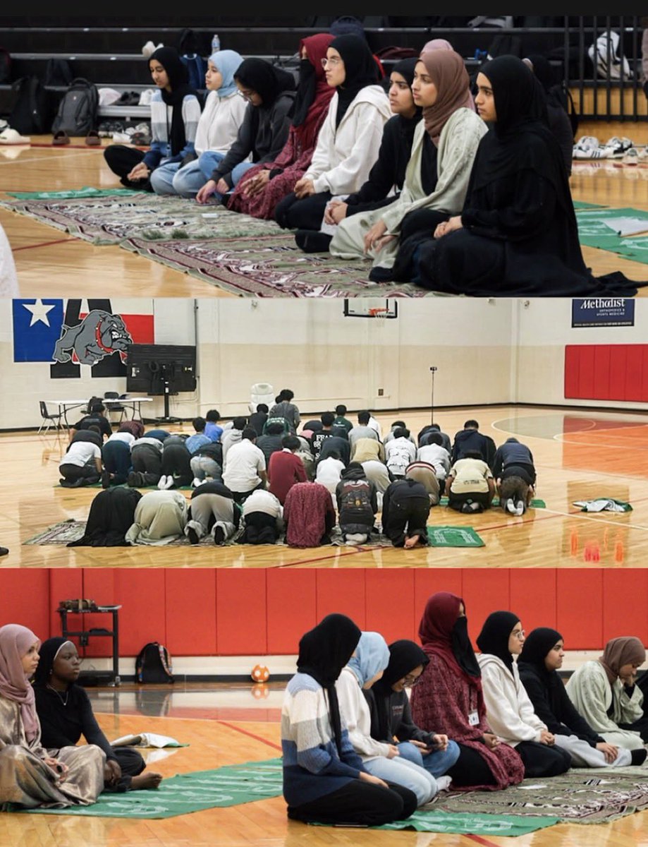 AmyMek's tweet photo. Texas Public School 2026  

Sharia adherent prayers held in the public school gym. 

They took the Bible out of the public school. 

Then they let the Muslim Brotherhood demand they hold Jumu’ah prayers on Fridays….

At least they allow the Texas flag to still hang (for now)! https://t.co/1TFKb0Yyd2