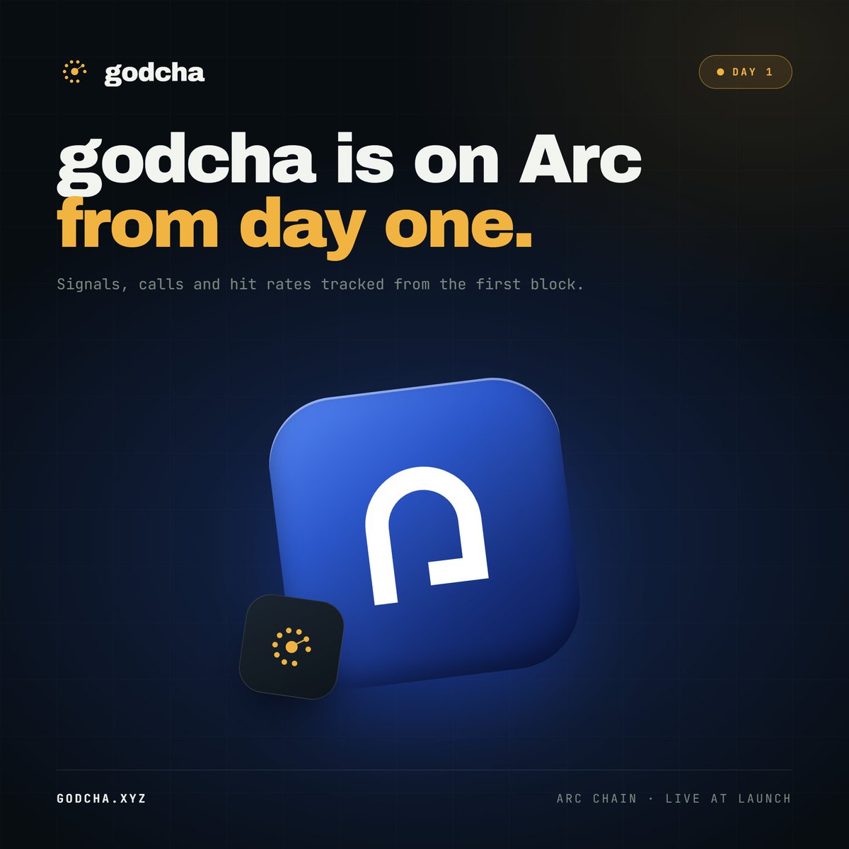 godchaxyz's tweet photo. godcha will be on Arc from day one.

New chain, same job: catch every call live and track how it ends so the people who were early on Arc can prove it.

Catch it with us. https://t.co/p6gi3O0uU5