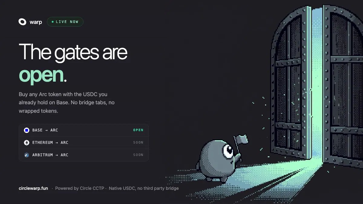 circlewarp's tweet photo. Base to Arc is live on Warp. One buy from the token page, tokens land in your wallet on Arc. Ethereum and Arbitrum next.

https://t.co/J1evpvga0V https://t.co/H0DGqhiGSm
