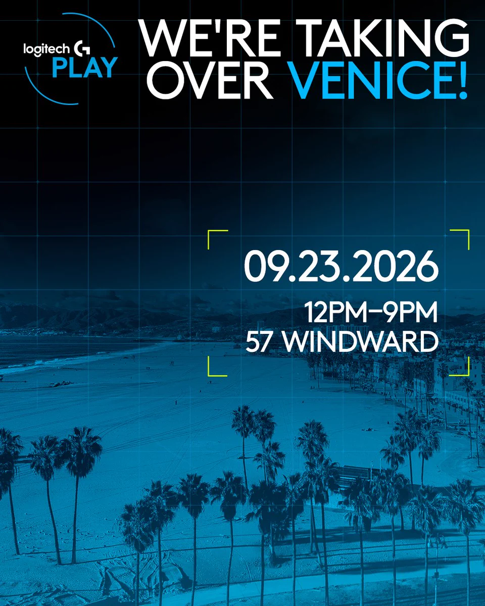 Promotional poster for Logitech G PLAY happening in Venice, CA. 

"We're taking over Venice" 

09.23.2026
12PM - 9PM
57 Windward

Background image shows a beach scene from Venice with palm trees. 
