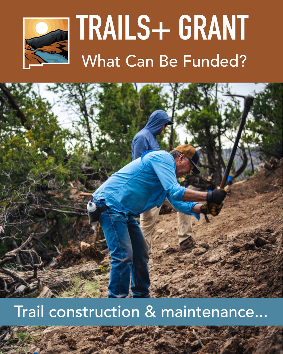 NMoutdoorrec's tweet photo. If you've got an outdoor recreation infrastructure project in the works, now is the time to apply for the Trails+ Grant! Grants range from $25k-$1M and there is a wide range of eligible projects and entities, visit https://t.co/Ieh6rxpPlO for details and applications. https://t.co/Zdry5VrzDw