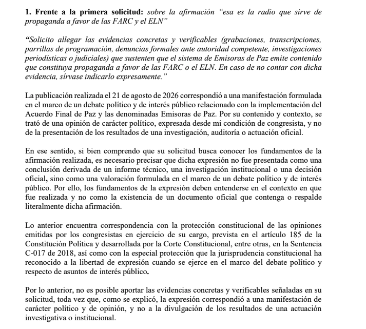hyperconectado's tweet photo. Respondió la señora @sarag12 derecho de petición sobre afirmaciones afirmaciones de uso de las Emisoras de Paz a favor de las Farc. Como se lee, no tiene evidencia verificable de su afirmación por tal motivo se podría decir que, lo mínimo que hace es: Desinformar. https://t.co/nDtCbqs75z